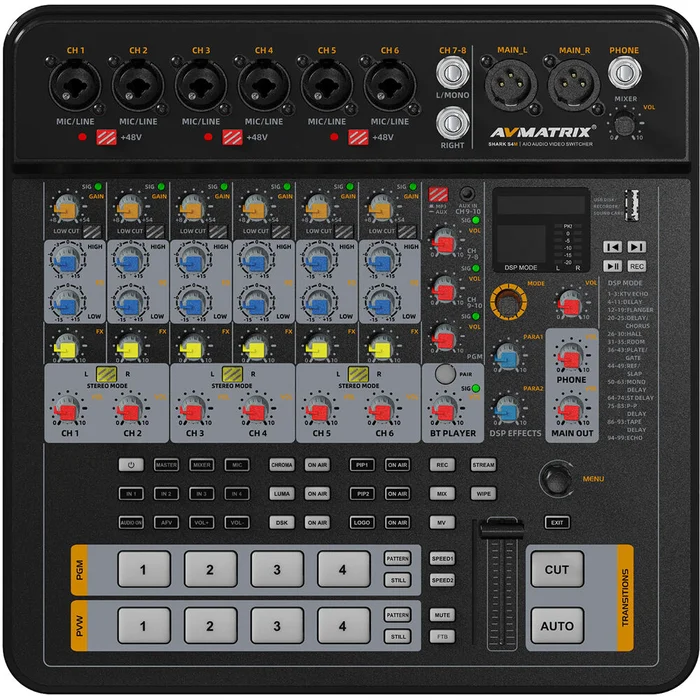 AVMATRIX SHARK S4M 4-Channel HDMI-SDI AV Switcher Key Features All-in-One 1080p60 AV Switcher & Mixer Two HDMI, Two SDI AV Inputs One HDMI Multiview, Two HDMI PGM Outputs USB-C Port for UVC Capture LAN Port for Web Control & Streaming Chroma Key, Luma Key, PiP & PoP Modes RTMP/SRT Streaming Support Six Mono, Two Stereo Audio Inputs One TRS, Two Balanced XLR Audio Outputs 99 Built-In Audio Effect Modes